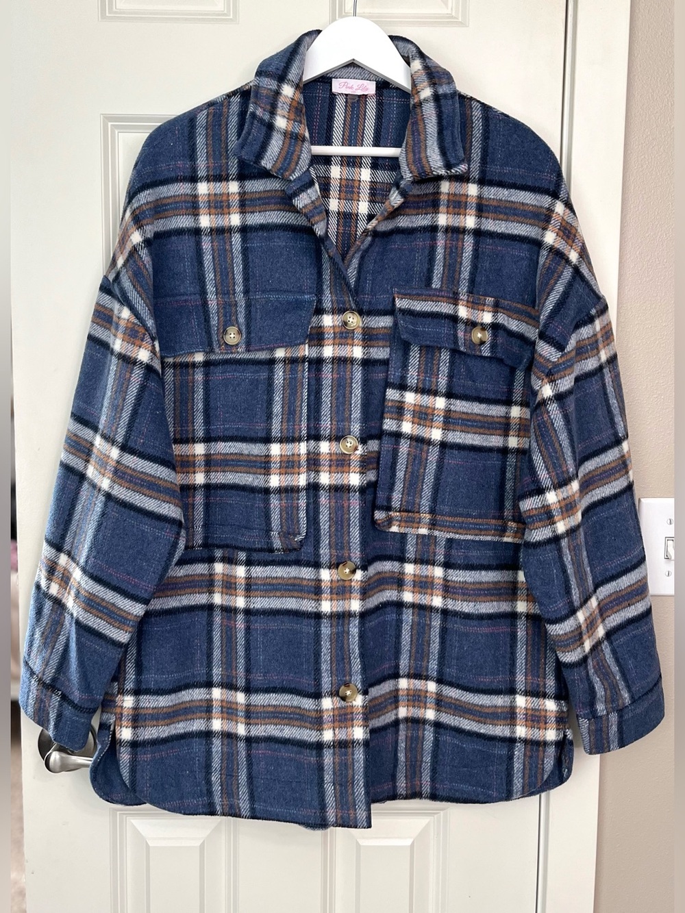 Pink Lily Blue Plaid Utility Shacket